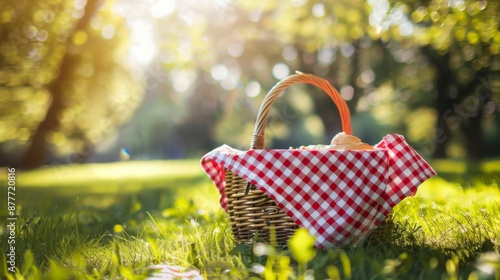 This image captures a wicker picnic basket, partially covered with a red and white checkered cloth, resting on lush green grass under a canopy of trees, evoking a serene and sunny day. photo