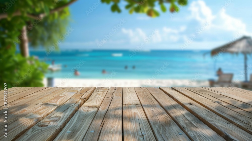 Fototapeta premium A peaceful wooden deck overlooks a calm, tropical beach scene with crystal clear waters under a blue sky, perfect for a tranquil getaway.