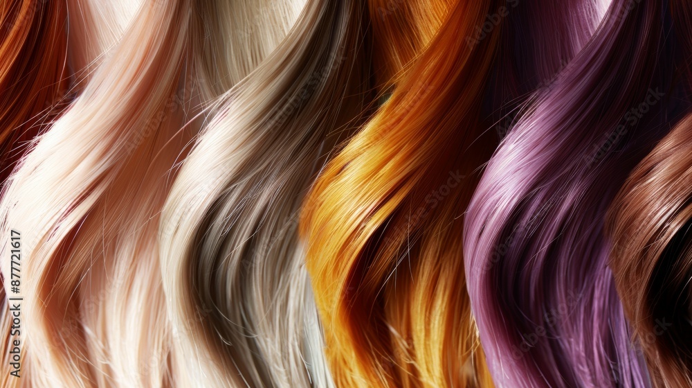 A row of hair with different colors, including brown, orange, and purple, hair color palette A row of hair with different colors, including brown, orange, and purple, hair color palette