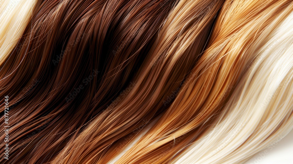 A row of hair with different colors, including brown and blonde, hair color palette A row of hair with different colors, including brown and blonde, hair color palette