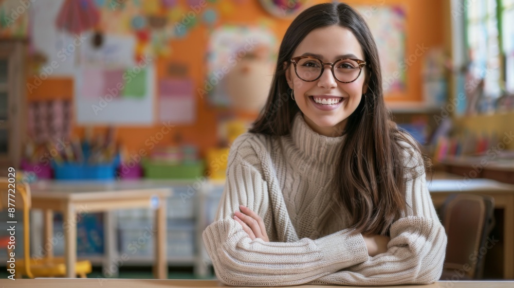 A delighted teacher sits in a vibrant classroom filled with educational materials, with children learning in the background, creating a supportive and joyful educational environment. A delighted teacher sits in a vibrant classroom filled with educational materials, with children learning in the background, creating a supportive and joyful educational environment.