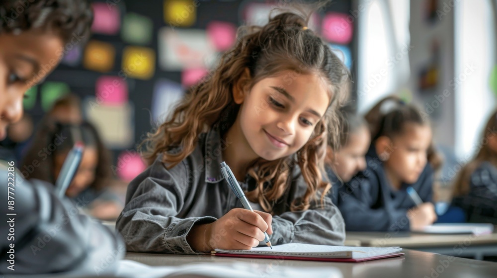 A young girl with curly hair attentively writes in her notebook while in a classroom environment, showcasing dedication and concentration among her classmates. A young girl with curly hair attentively writes in her notebook while in a classroom environment, showcasing dedication and concentration among her classmates.