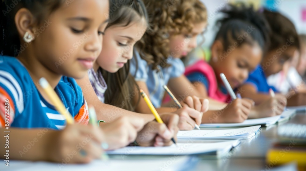 A close-up of a group of young children of different ethnicities concentrated on writing at their desks in a classroom, symbolizing diversity, unity, and earnestness in education. A close-up of a group of young children of different ethnicities concentrated on writing at their desks in a classroom, symbolizing diversity, unity, and earnestness in education.