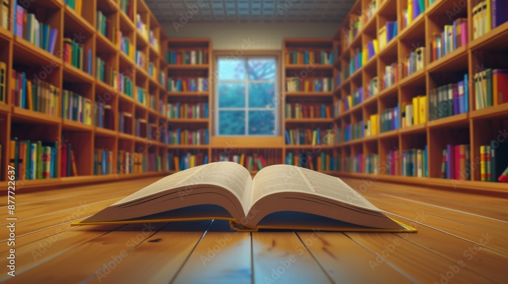 Fototapeta premium An open book lies on the polished wooden floor of a modern, spacious library filled with colorful books on shelves, radiating an atmosphere of contemporary knowledge and exploration.