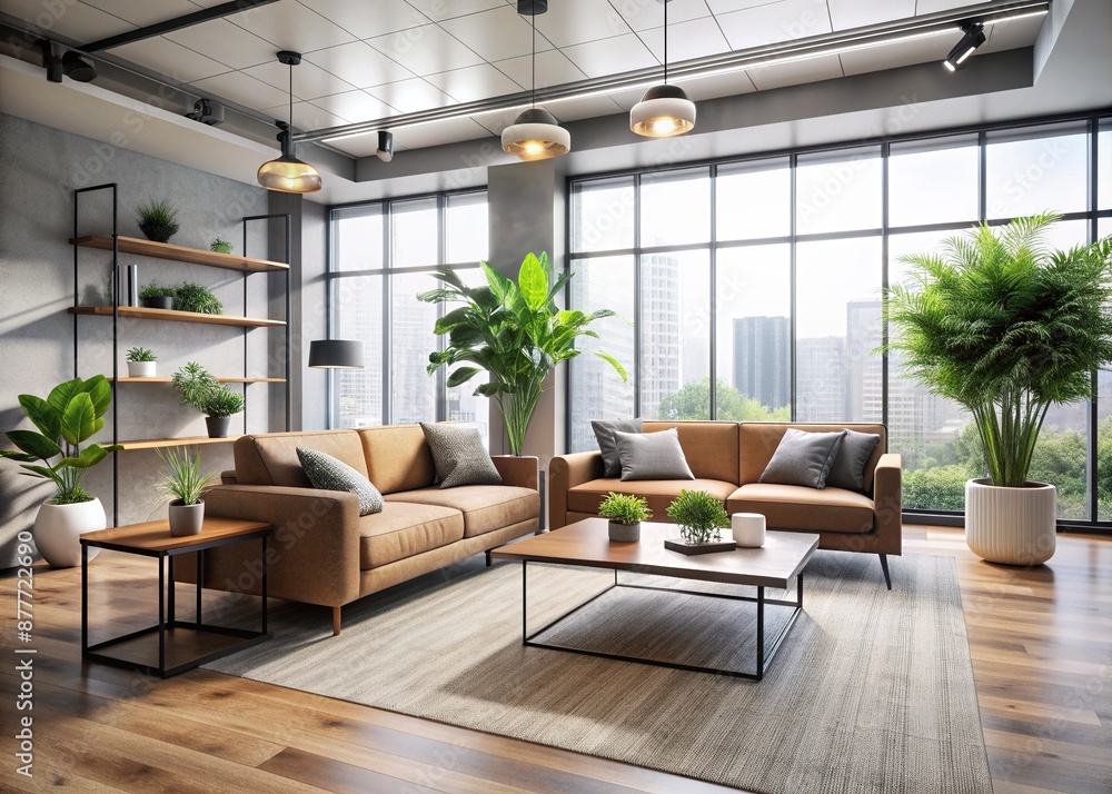 Spacious modern office boasts sleek couch, paired coffee tables, and lush potted plant, surrounded by plenty of natural light and sleek minimalist decor. Spacious modern office boasts sleek couch, paired coffee tables, and lush potted plant, surrounded by plenty of natural light and sleek minimalist decor.