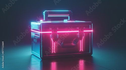 A transparent toolbox with neon light stripes and a single handle, evoking a sense of futurism and modern design, ideal for high-tech or creative projects.