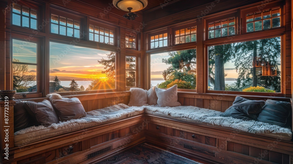 cozy Craftsman-style breakfast corner with built-in wooden benches, fluffy cushions, and a view of the sunrise through large windows cozy Craftsman-style breakfast corner with built-in wooden benches, fluffy cushions, and a view of the sunrise through large windows