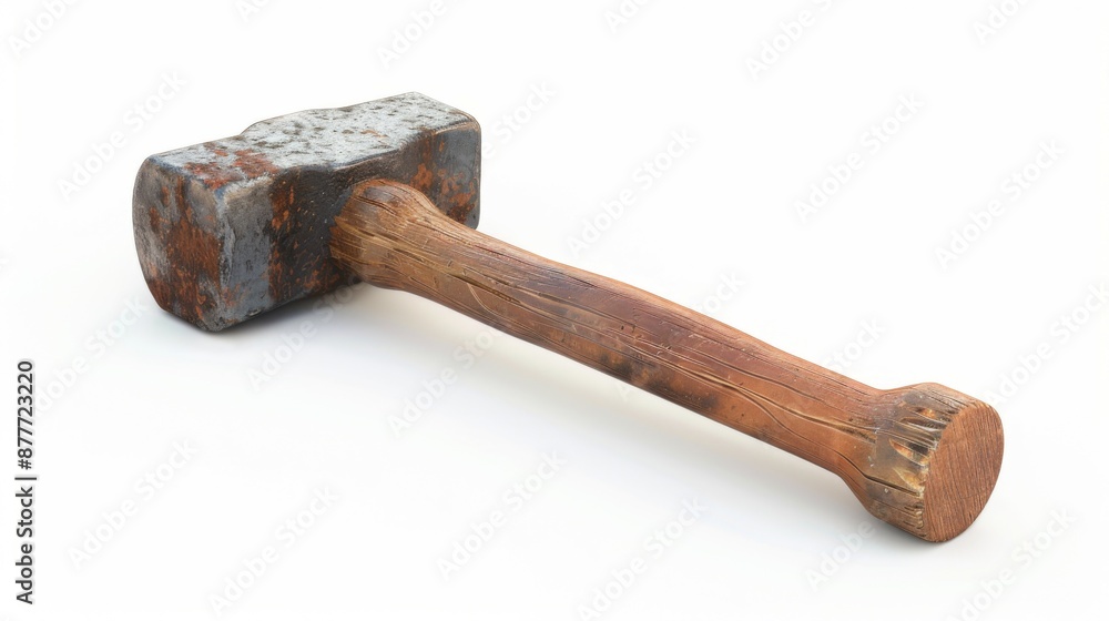 An old hammer displaying a weathered wooden handle with a rusty metal head, placed on a clean white surface, highlighting years of use and labor. An old hammer displaying a weathered wooden handle with a rusty metal head, placed on a clean white surface, highlighting years of use and labor.