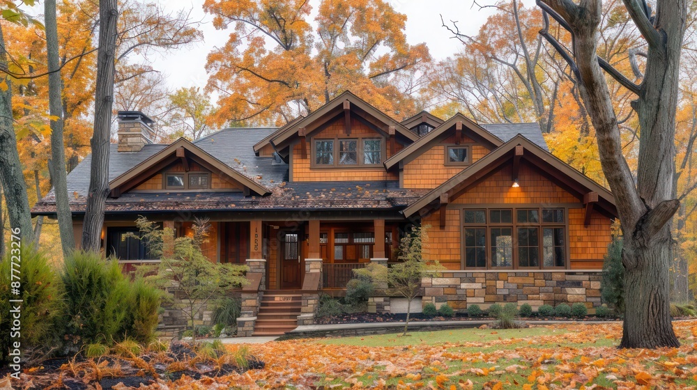 cozy Craftsman-style suburban home with handcrafted wood siding and stone details nestled among autumn trees