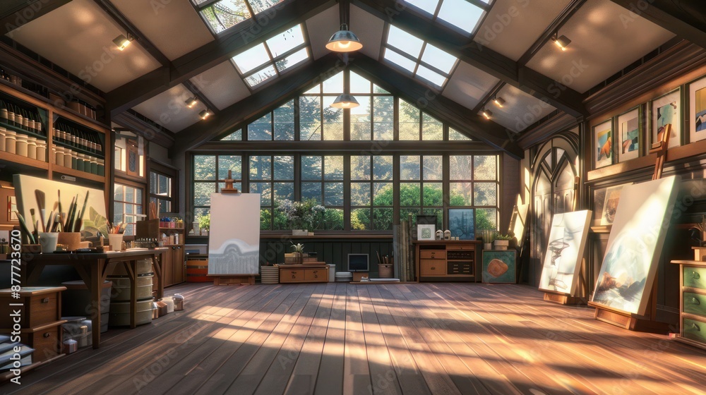 Craftsman-inspired art studio with large skylights, wooden floors, and walls lined with canvases and art supplies Craftsman-inspired art studio with large skylights, wooden floors, and walls lined with canvases and art supplies