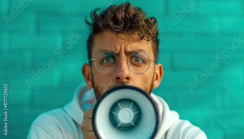 Man with Microphone Making an Announcement, Public Speaking, Loudspeaker, Communication, Message, Speech, Event, Rally, Protest, Announcement, Public Address, PA System, Sound System, Speaker photo