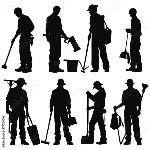 Isolated black vector collection of silhouettes of workers in various poses, each holding different tools such as shovels, rakes, buckets, representing diverse manual labor activities on white