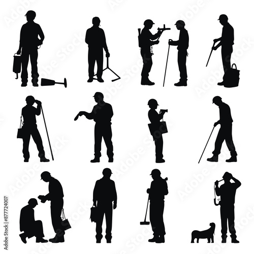 Isolated black vector set of silhouettes with workers in various poses, each engaged in different tasks and holding different tools, including shovels, measuring devices, bags on white background