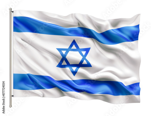 The national flag of Israel with a blue Star of David and horizontal blue stripes waving