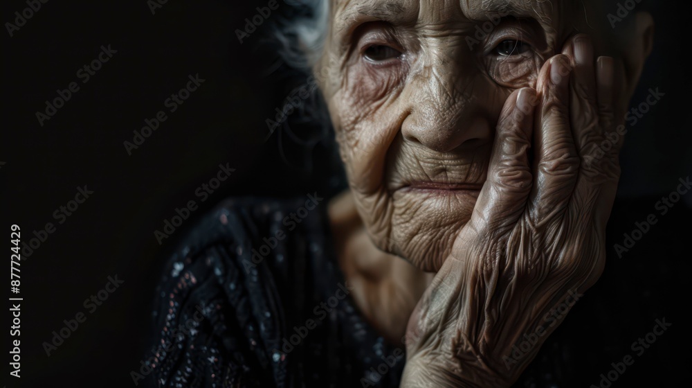 Close-Up Portrait of an Elderly Woman Resting Her Chin on Her Hand Close-Up Portrait of an Elderly Woman Resting Her Chin on Her Hand