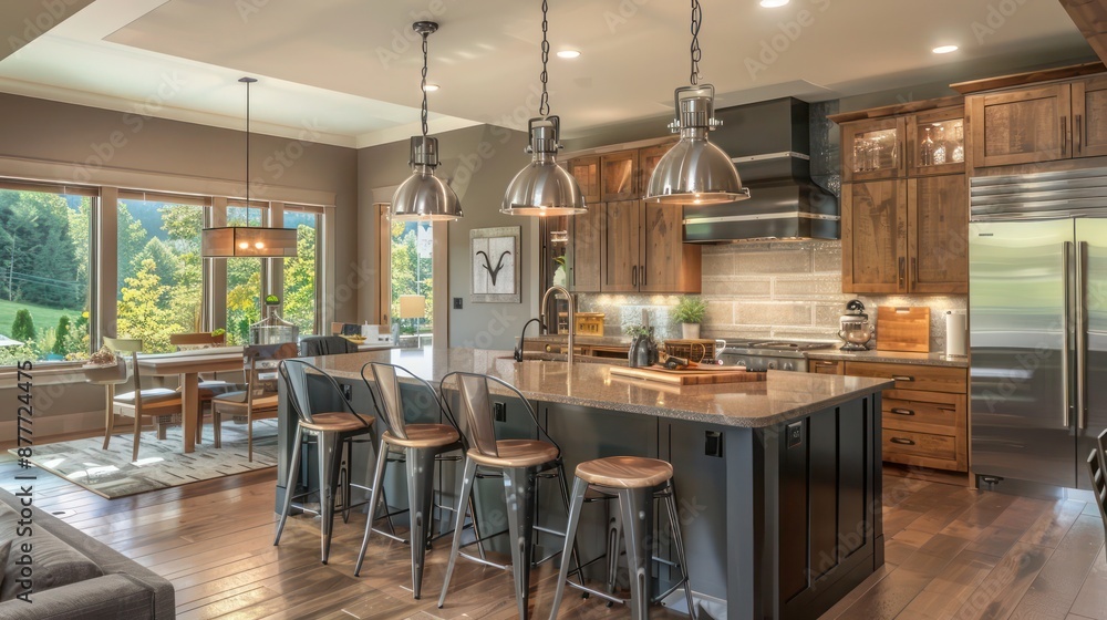 Craftsman-inspired kitchen with a center island, pendant lights with metal shades, and bar stools for casual dining Craftsman-inspired kitchen with a center island, pendant lights with metal shades, and bar stools for casual dining