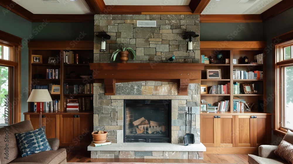 Craftsman-inspired living room with a stone fireplace, a wooden mantle, and built-in bookcases on either side Craftsman-inspired living room with a stone fireplace, a wooden mantle, and built-in bookcases on either side
