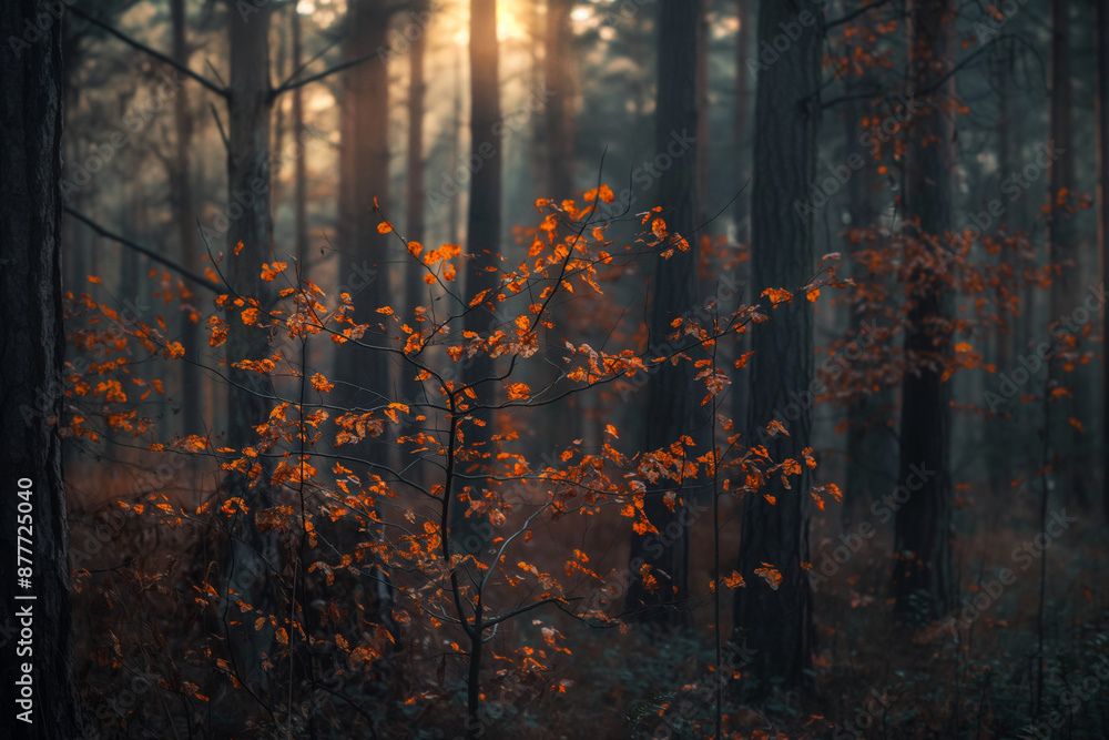 Obraz premium Autumn forest with orange leaves at dusk, serene woodland scene, atmospheric nature with copy space