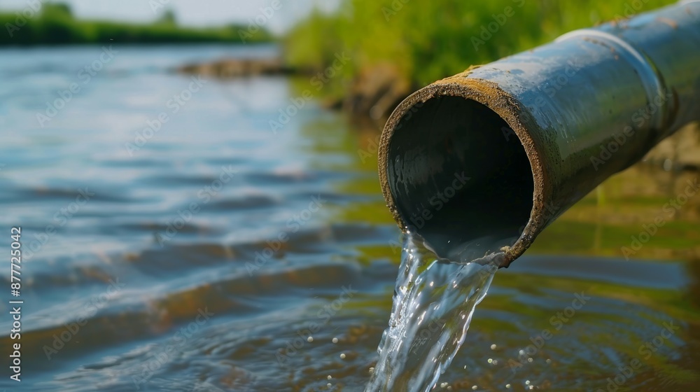 A pipe is pouring water into a body of water, sewer concept A pipe is pouring water into a body of water, sewer concept