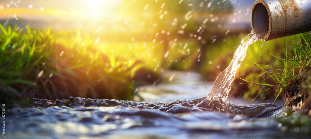 Fototapeta premium A pipe is pouring water into a stream, sewer concept
