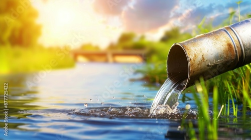 A pipe is pouring water into a river, sewer concept