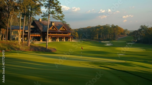 Craftsman-style clubhouse at the edge of a golf course with panoramic views of the fairways