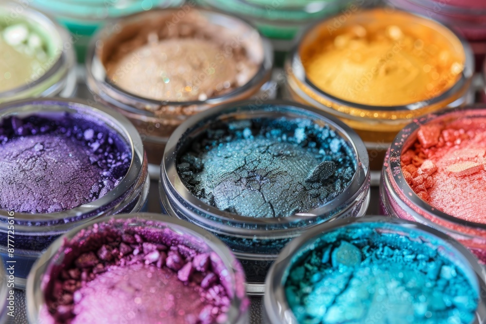 Diverse array of vibrant mineral eyeshadows in a rich palette of varied and colorful hues Diverse array of vibrant mineral eyeshadows in a rich palette of varied and colorful hues