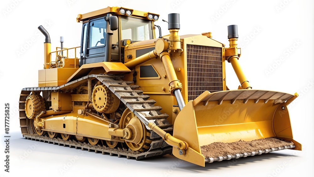 Isolated heavy machinery bulldozer with rugged tracks and powerful shovel stands against a crisp white background, showcasing industrial strength and construction might. Isolated heavy machinery bulldozer with rugged tracks and powerful shovel stands against a crisp white background, showcasing industrial strength and construction might.