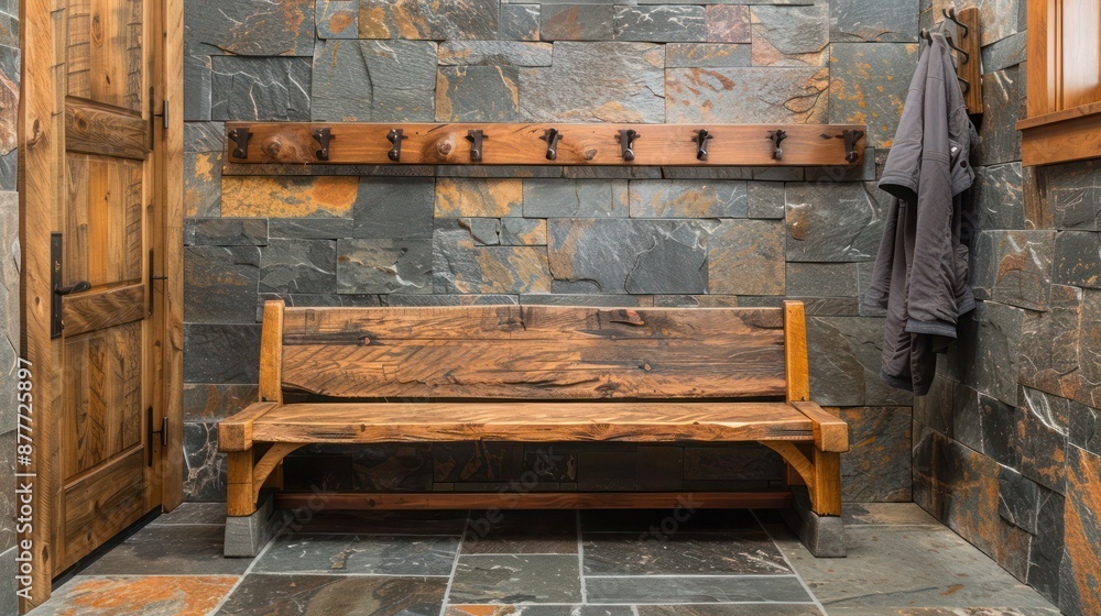 Craftsman-style entryway with a bespoke wooden bench and matching coat rack against a backdrop of natural stone Craftsman-style entryway with a bespoke wooden bench and matching coat rack against a backdrop of natural stone