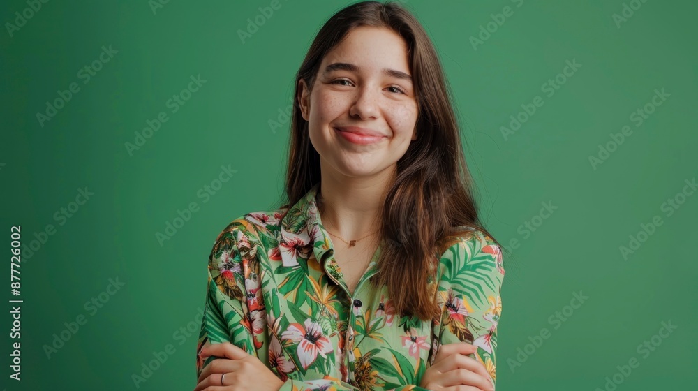 Fototapeta premium beautiful girl with arms crossed smiling at camera on green background