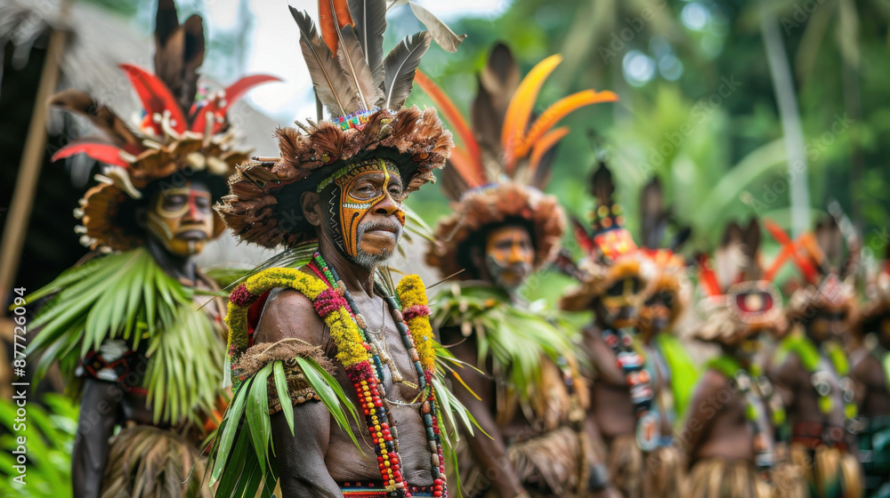 Tribal members of Papua New Guinea dressed in traditional attire with colorful feathers and face paint during a ceremony. Tribal members of Papua New Guinea dressed in traditional attire with colorful feathers and face paint during a ceremony.