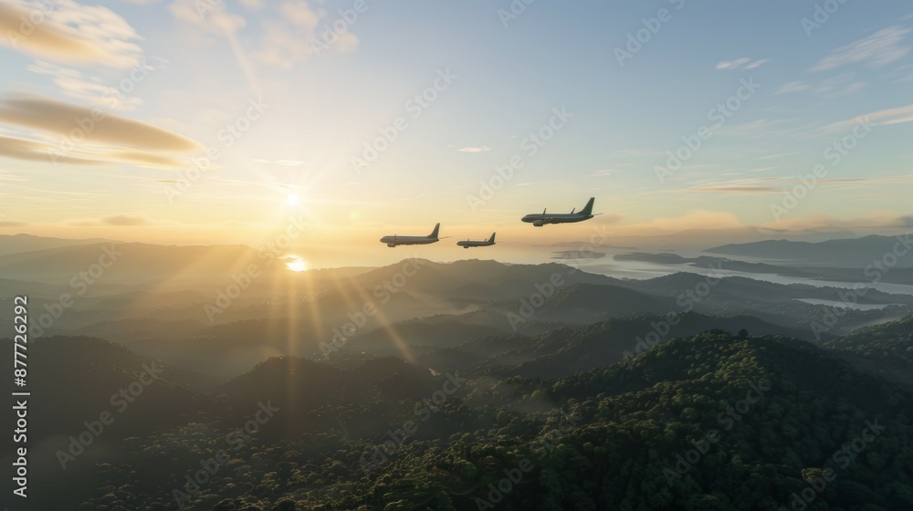 Fototapeta premium Three airplanes flying in the sky over a mountain range