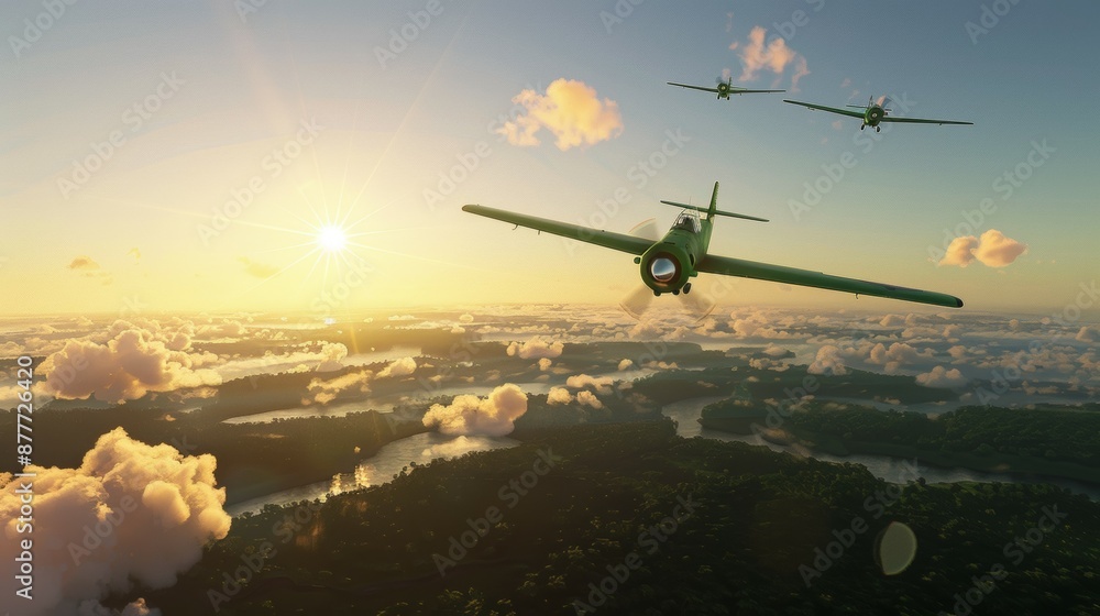 Three planes are flying in the sky, one of which is a fighter jet Three planes are flying in the sky, one of which is a fighter jet