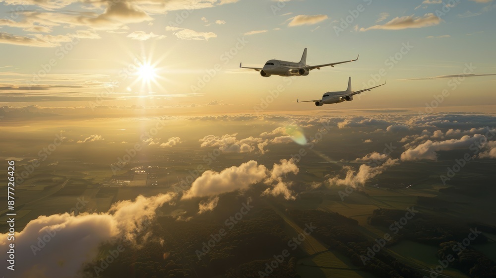 Fototapeta premium Two airplanes flying in the sky with a beautiful sunset in the background, backdrop