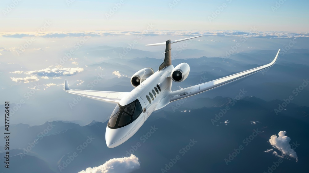 Fototapeta premium A white jet plane is flying through the sky with clouds in the background