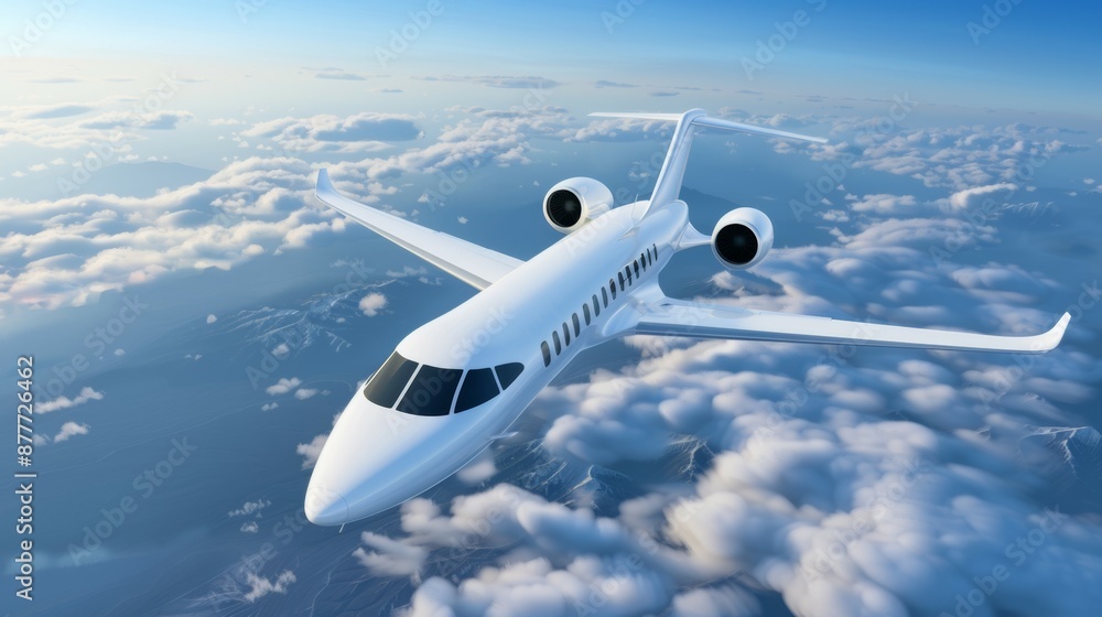 A white jet plane is flying through the sky with clouds in the background A white jet plane is flying through the sky with clouds in the background