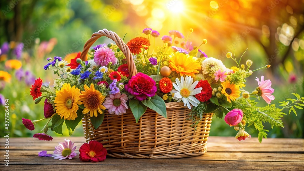 Vibrant colorful flowers and lush greenery overflowing from a vintage wicker basket on a distressed wooden table against a soft warm sunny background. Vibrant colorful flowers and lush greenery overflowing from a vintage wicker basket on a distressed wooden table against a soft warm sunny background.