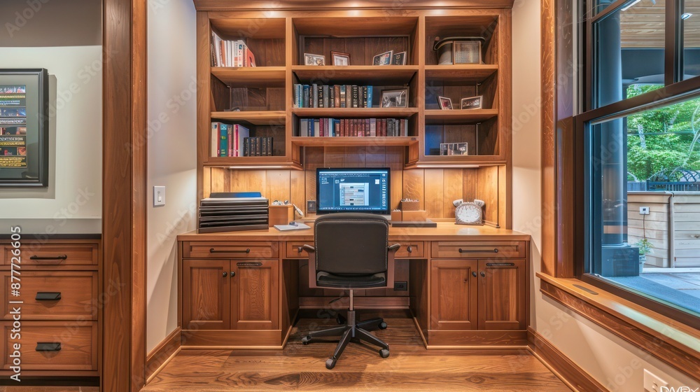Craftsman-style home office with a built-in desk, open shelving, and a file cabinet made from matching wood Craftsman-style home office with a built-in desk, open shelving, and a file cabinet made from matching wood