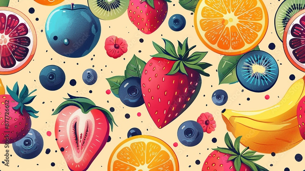 Bright fruit patterns bring a fresh and lively touch to any design with colorful and detailed illustrations of various fruits ideal for food-themed backgrounds Background Illustration, Bright color Bright fruit patterns bring a fresh and lively touch to any design with colorful and detailed illustrations of various fruits ideal for food-themed backgrounds Background Illustration, Bright color