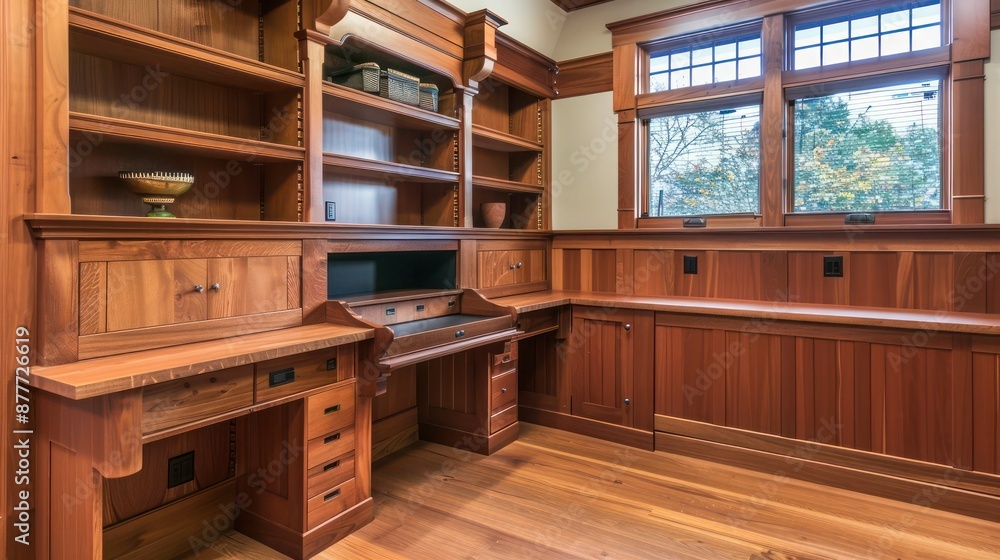 Craftsman-style home office with a built-in desk, open shelving, and a file cabinet made from matching wood Craftsman-style home office with a built-in desk, open shelving, and a file cabinet made from matching wood