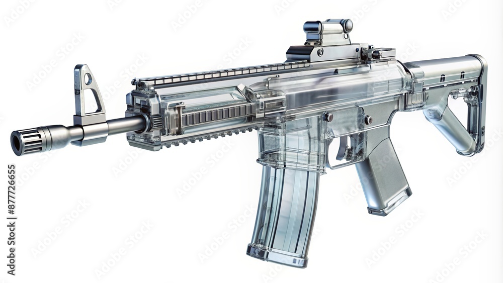 Realistic 3D model of a sleek tactical assault rifle with a transparent glass body, isolated on a pure white background, awaiting digital composition. Realistic 3D model of a sleek tactical assault rifle with a transparent glass body, isolated on a pure white background, awaiting digital composition.