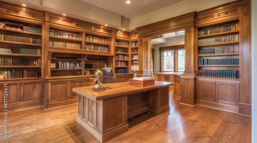 Craftsman-style home office with a built-in oak bookshelf and a large wooden desk Craftsman-style home office with a built-in oak bookshelf and a large wooden desk