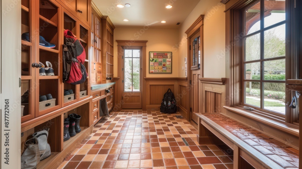 Craftsman-style mudroom with a tile floor, wooden cubbies for shoes and backpacks, and a bench for sitting Craftsman-style mudroom with a tile floor, wooden cubbies for shoes and backpacks, and a bench for sitting