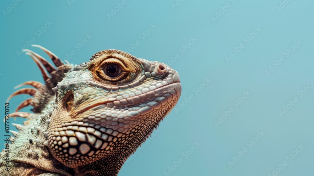 Green Iguana Portrait Against a Blue Background Green Iguana Portrait Against a Blue Background