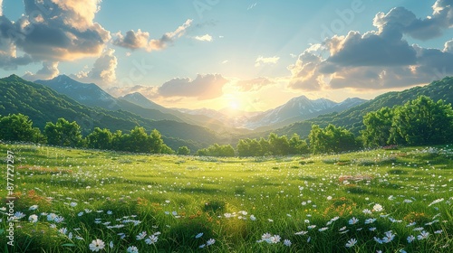 Lush green landscapes provide a refreshing and vibrant backdrop with verdant fields and rolling hills perfect for nature-themed projects and outdoor scenes Background Illustration, Bright color photo