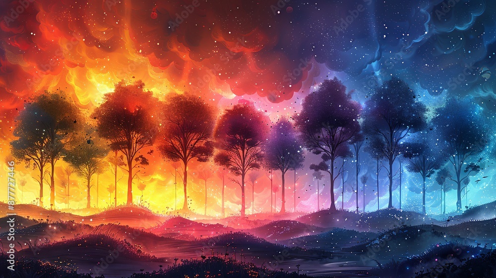 Obraz premium Rainbow forest scenes depict a magical and whimsical environment with a spectrum of colors blending harmoniously perfect for enchanting backgrounds and illustrations Background Illustration, Bright
