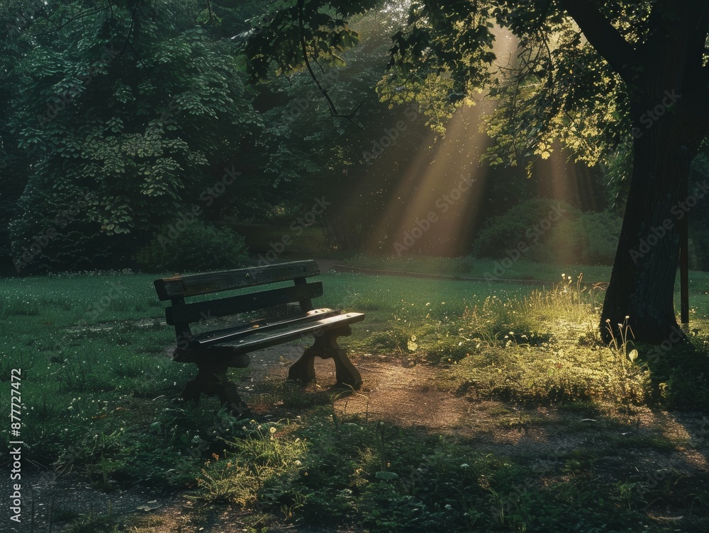 Obraz premium lonely bench in the forest at morning with dramatic ray of light - ai