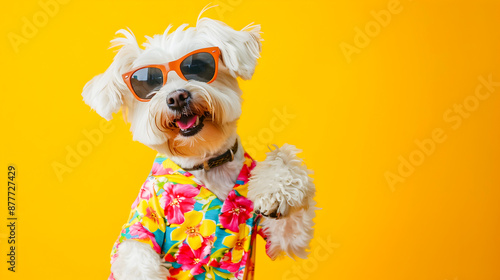 A cheerful and fashionable poodle dog wearing stylish sunglasses and a colorful outfit is captured mid dance exuding energy and playfulness in a vibrant studio setting with a random background