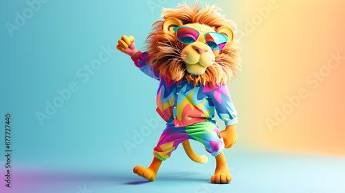 Whimsical of a happy cartoon style lion wearing sunglasses and a colorful fashionable outfit dancing and moving energetically on a vibrant abstract background