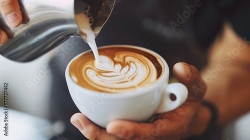 Detailed shot of latte art being crafted, focusing on the barista's skilled hand and the swirling milk creating a beautiful pattern..